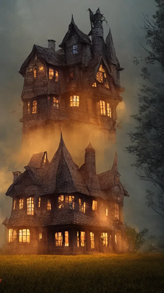 Image similar to fabricate an old witch house in style of wizard of oz, lots of smoke, gloomy, soft yellow red, atmosphere, rooftop smoking,, cinematic, unreal engine, golden ratio, cosmic horror, realistic, photorealistic. realistic, 8 k octanerender