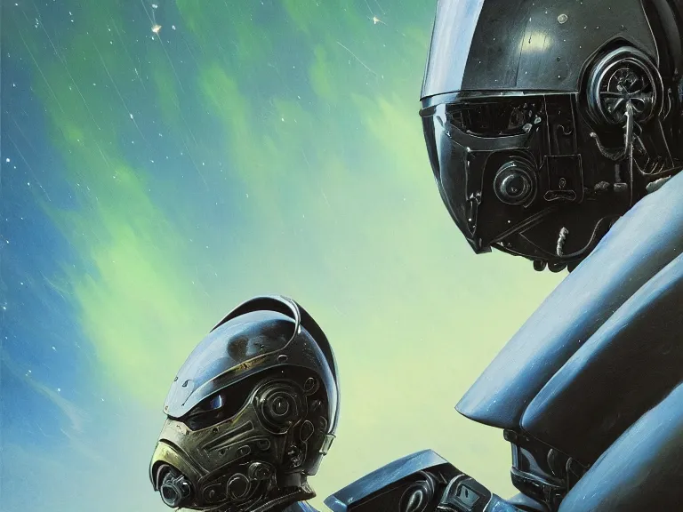 Prompt: a detailed profile oil painting of a bounty hunter in armour and visor, cinematic sci-fi poster. technology flight suit, portrait symmetrical and science fiction theme with lightning, aurora lighting clouds and stars. Clean and minimal design by beksinski carl spitzweg and tuomas korpi. baroque elements. baroque element. intricate artwork by caravaggio. Trending on artstation. 8k