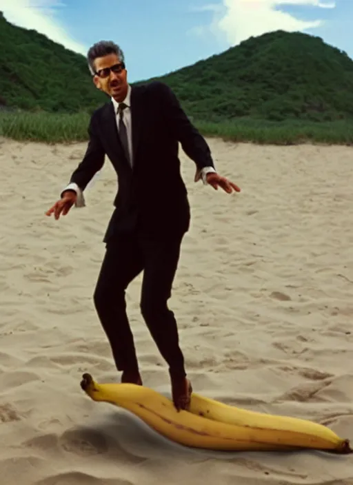 Image similar to jeff goldblum as a banana on the sand of a beach