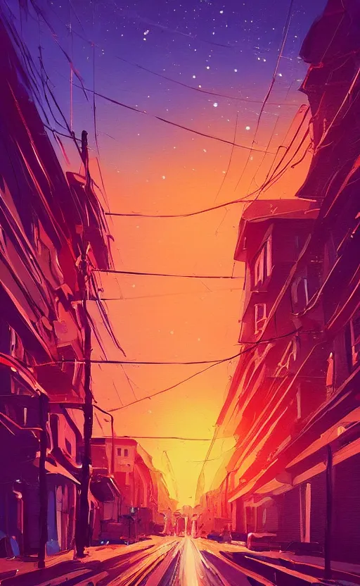 Prompt: a beautiful illustration of a street at sunset, art of alena aenami, featured on artstation, vertical orientation, paint brush strokes, expressionism, brushstroke - laden, breathtaking clouds, traffic lights, wet concrete, beauttiful stars, cables, long exposure, gigantic sun, airy theme, red purple gradient, lens flare