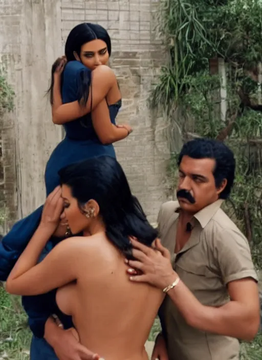 Prompt: film still of kim kardashian & kylie Jenner hugging Pablo Escobar, Pablos hands on their waists, rear shit, behind pov, abandoned building