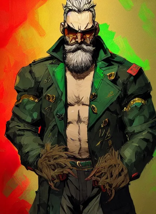 Image similar to Full body portrait of an old muscular man with blonde hair and beard red, green and gold jacket. In style of Yoji Shinkawa and Hyung-tae Kim, trending on ArtStation, dark fantasy, great composition, concept art, highly detailed.