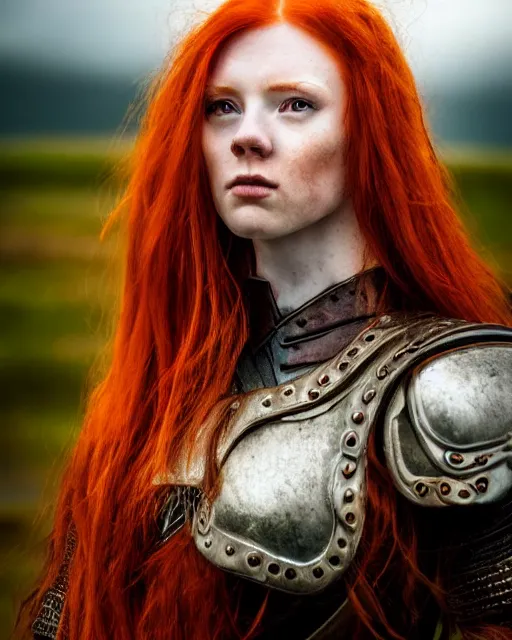 Image similar to north adult female warrior, red hair, ginger hair, long hair, fantasy, female Viking, high detailed, photography, cloudy, lightweight leather armour, Scandinavia, plain, detailed face, beautiful face, beautiful girl, look into the distance, professional model, glowing skin, serious face, full body,in full growth, professional photographer, masterpiece, 50 mm, extremely detailed, sharp focus, 8k, 3D