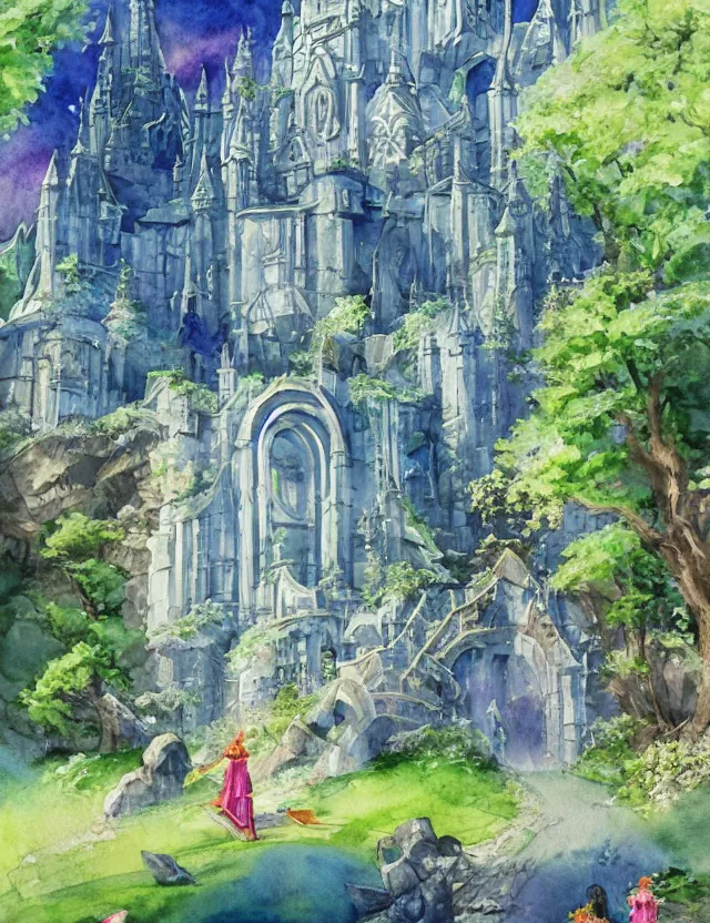 Image similar to futuristic scifi elven castle in springtime. this watercolor painting by the beloved children's book author has interesting color contrasts, plenty of details and impeccable lighting.