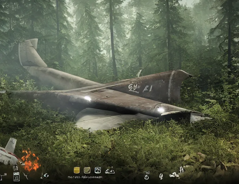 Image similar to a the forest game screenshot with a crashed plane, player is holding a lighter. ultra realistic