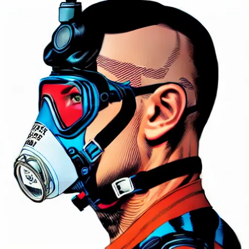 Image similar to portrait of a male diver with a oxygen mask intricate details mask in side profile by MARVEL comics and Sandra Chevrier