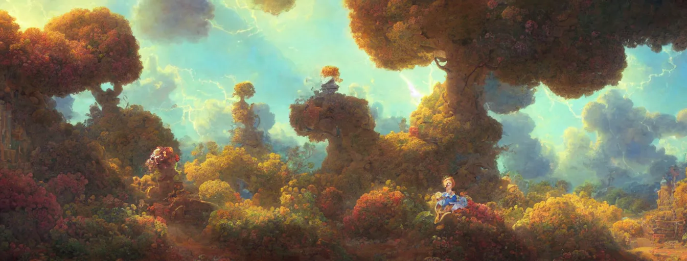 Prompt: a beautiful landscape painting of steampunk landscape, a junk nebula in the sky, galaxies visible, giant trees and colourful flowers, a tiny girl looking on with her talking cat, by jean - honore fragonard and don bluth and makoto shinkai, light rays, trending on artstation, octane render