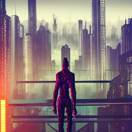 Prompt: a man standing on top of a bridge over a city, cyberpunk art by vincent lefevre, behance contest winner, altermodern, cityscape, synthwave, matte painting