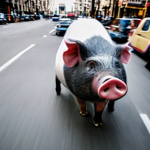 Image similar to award - winning hyperdetailed photograph of a giant!!!!!! pig walking across a city, 4 k, 8 k, high quality