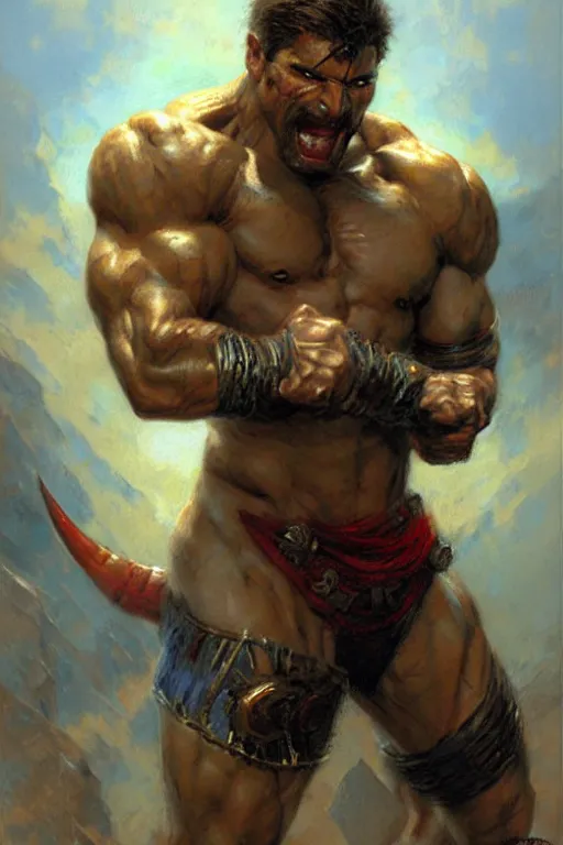 Prompt: Male, muscular warrior fighting devil, detailed face, correct face, painting by Gaston Bussiere, Craig Mullins