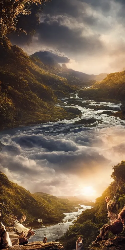 Image similar to extra wide view. Heaven with river from milk and honey. Cinematic. Epic composition. Realistic cinematography. Hyper-detailed. 8k