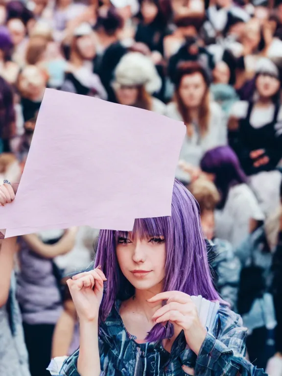 Prompt: anime girl with lavender hair holding a paper, a crowd who wants that paper