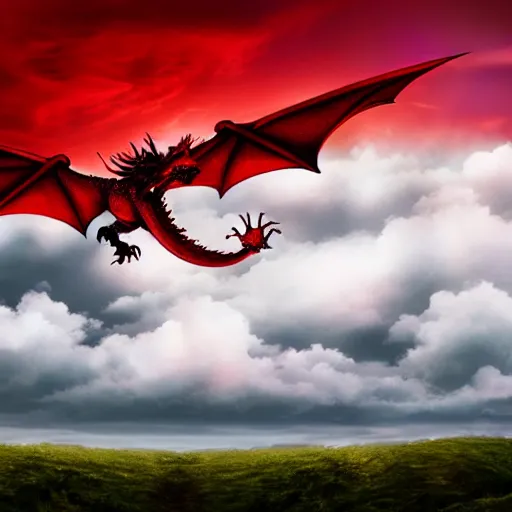 Image similar to epic dragon made of black clouds, flying through the skies, with red lightning coming out