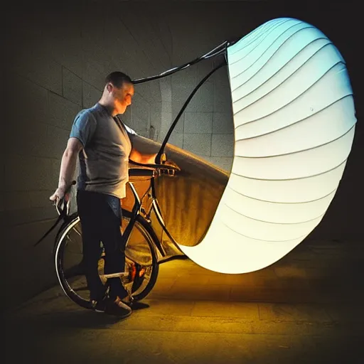 Image similar to “man with bicycle pump inflating a blimp, highly detailed, dramatic lighting”