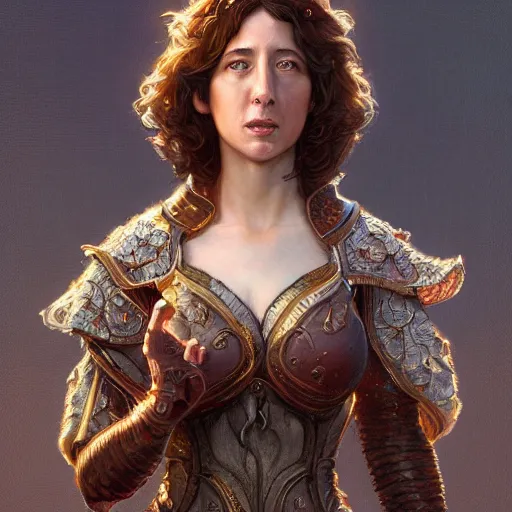 Image similar to ultra realistic illustration, kristen schaal from diablo and baldurs gate, intricate, elegant, highly detailed, digital painting, artstation, concept art, smooth, sharp focus, illustration, art by artgerm and greg rutkowski and alphonse mucha