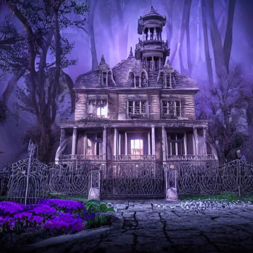 Image similar to Haunted Mansion in a dark forest dead trees moon lit sky spooky depth of field cinematic view Vray 8K HDR Vines Tombstones architecture garden with roses windows glowing purple eerie render