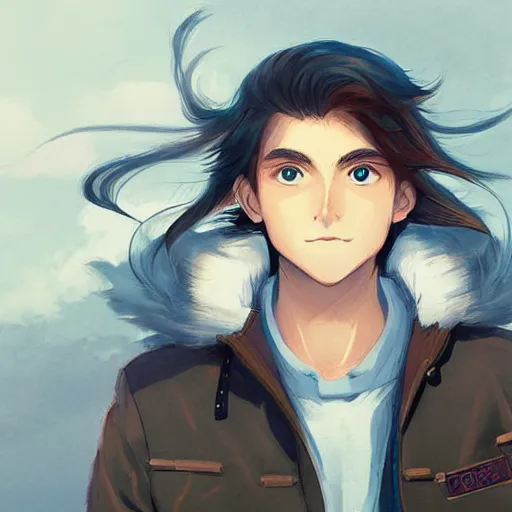 Image similar to portrait of an anime teen boy with long fluffy brown hair, blue eyes. white background. digital art, stylized, by rossdraws, ghibli, greg rutkowski