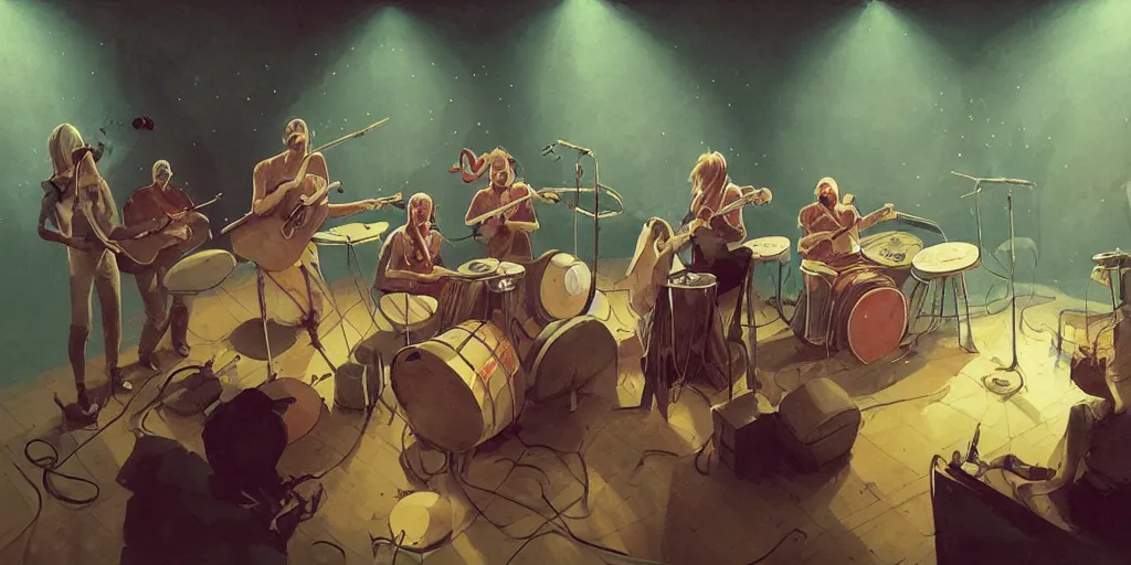 Prompt: blobfishes band play on drums and guitar, piano, rock concert, greg rutkowski