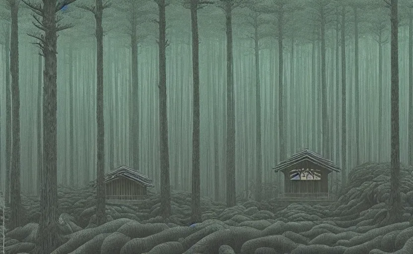 Prompt: giant forest with single wooden cabin, made by Kawase Hasui in unkiyo-e style in disturbing and gloomy atmosphere in Junji Ito style with vibes of Joe Fenton, H. R. Giger, M. C. Escher, Z. Beksinski