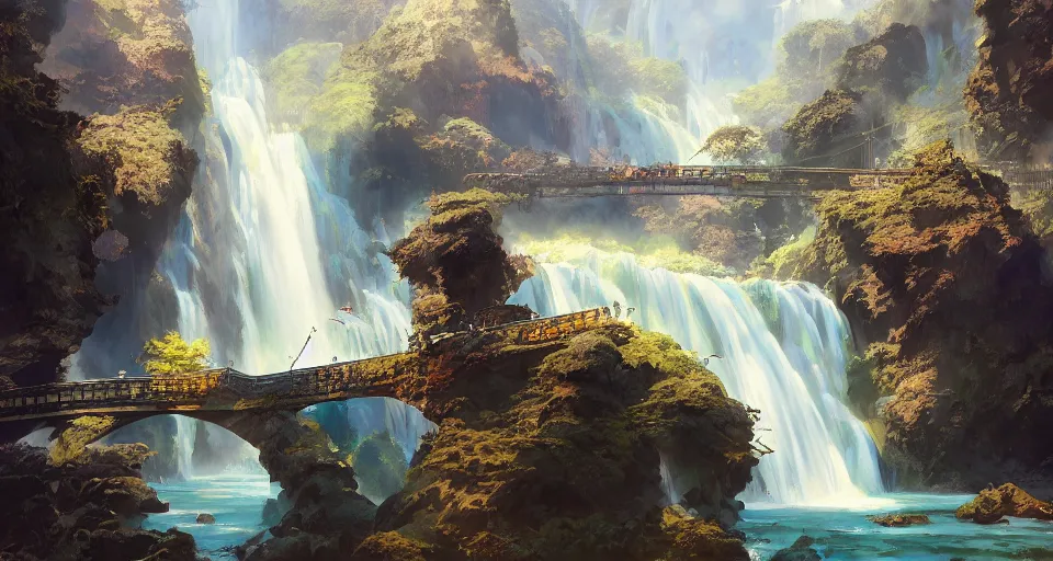 Image similar to A beautiful digital painting of train bridge, waterfall, lovely valley by Stanley Artgerm Lau, frank frazetta, Rossdraws, James Jean, gerald brom, Andrei Riabovitchev, Marc Simonetti, and Sakimichan, trending on artstation