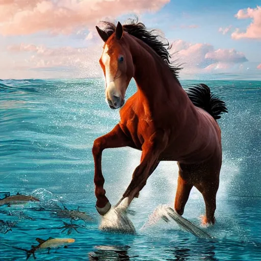 Image similar to horse swimming in the ocean with fork and knife, photorealistic, high detail