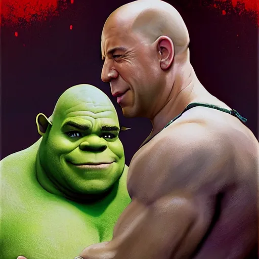 Image similar to Vin Diesel Shakes hands with Shrek, intricate, stunning, highly detailed, digital painting, artstation, concept art, smooth, sharp, focus, illustration, art by artgerm and greg rutkowski and alphonse mucha