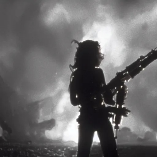 Image similar to film still of Emma Watson holding a flamethrower in Alien 1979, 4k