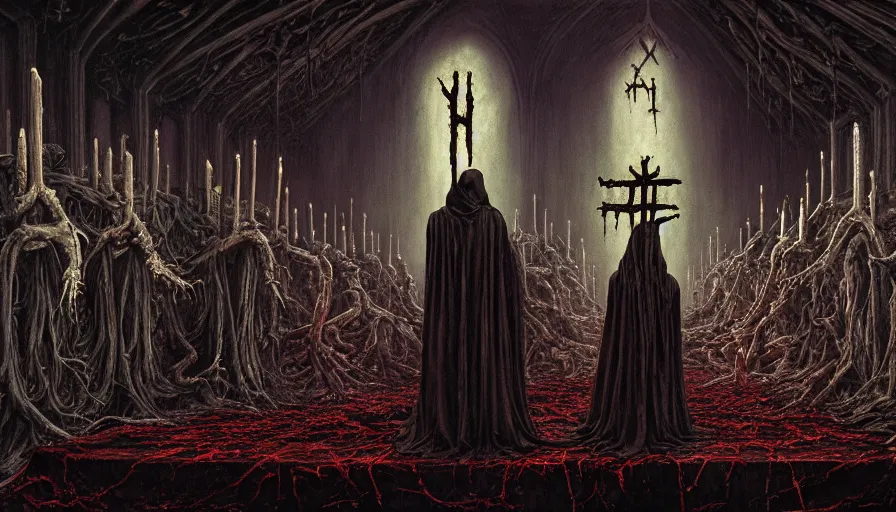 Image similar to a dark rotting alien priest conducts a ceremony, alien church, blood, crosses, religion, death, fear, horror, ultra realistic, hyperrealism, fine details, detailed and intricate environment, by barlowe, by wayne, by gigger, 4 k