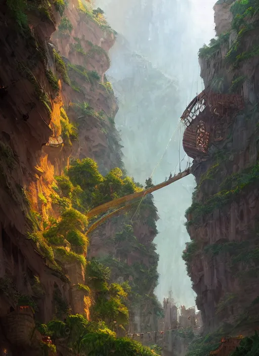 Prompt: medieval city built on terraces in a gigantic canyon, lots of buildings connected by suspension bridges, waterfalls, warm glow coming the ground, lush vegetation, pitchblack sky, extremly detailed digital painting, in the style andreas rocha and greg rutkowski and peter mohrbacher, rim light, beautiful lighting, 8 k, stunning scene, octane, trending on artstation