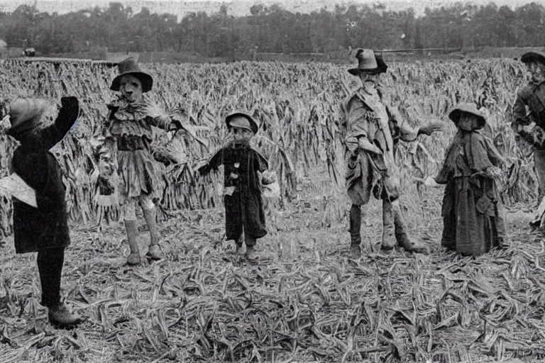 Image similar to sketchy scarecrow from the early 1 9 0 0's leading children into the cornfields