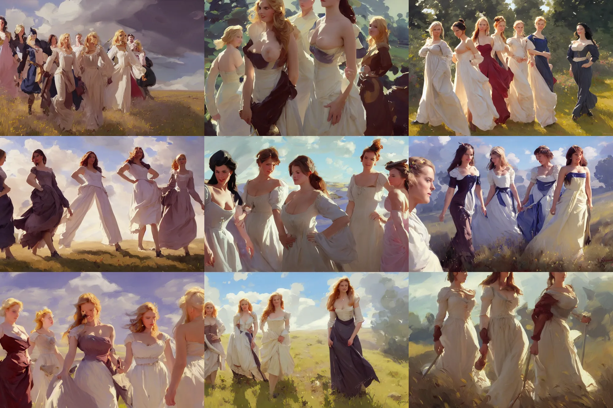 Image similar to five of beautiful finnish norwegian swedish scandinavian attractive glamour models wearing 1 7 th century bodice with low neckline walking in the field in a sunny day, jodhpurs greg manchess painting by sargent and leyendecker, studio ghibli fantasy close - up shot asymmetrical intricate elegant matte painting illustration hearthstone, by greg rutkowski by greg tocchini by james gilleard