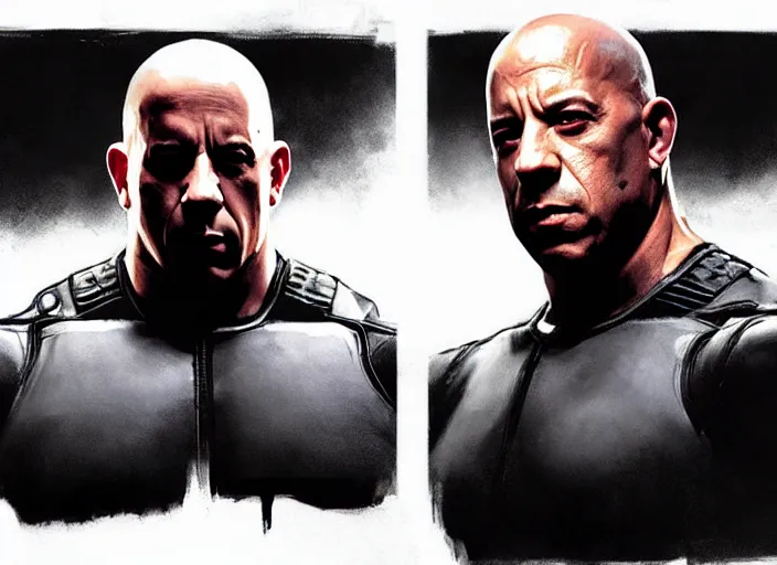 Image similar to vin diesel as victor stone, full body concept, cyborg, borg, strogg, face of a man, terminator, flesh, quake strogg, doom demon, wolfenstein, monstrous, powerful, symmetry, symmetrical, concept art by ruan jia and greg rutkowski