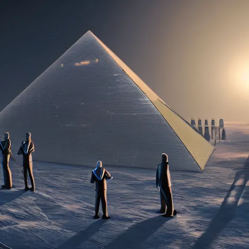 Prompt: A futuristic mega structure of a pyramid made out of glass on the surface of an unknown cold planet, people in suits are standing on the ground next to it, digital art, trending on artstation