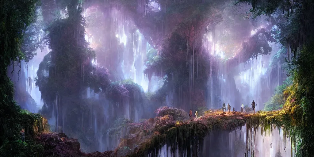 Image similar to a digital painting of a cave entrance in a mystical forest with waterfalls and vines hanging from trees, fireflies glowing in various colors, desaturated, a detailed matte painting by stephan martiniere, cgsociety, fantasy art, matte painting, concept art, fractalism, night