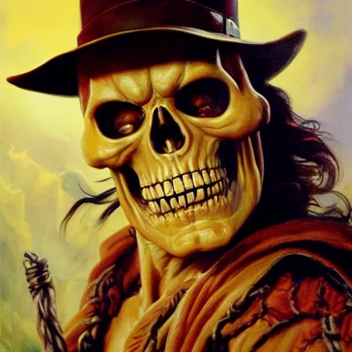 Image similar to ultra realistic portrait painting of skeletor as indiana jones, art by frank frazetta, 4 k, ultra realistic, highly detailed, epic lighting