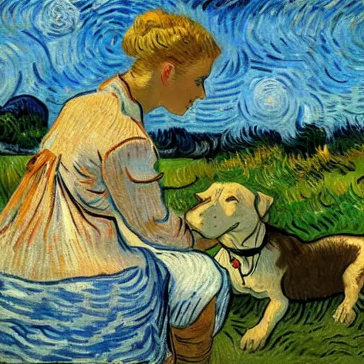 Image similar to girl with curly blonde hair sits next to her white pitbull, sitting on a riverbank watching the sunset, painting by van gogh