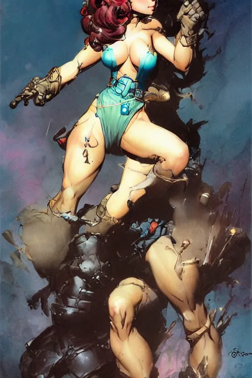 Prompt: a cute fantasy woman by frank frazetta and ross tran