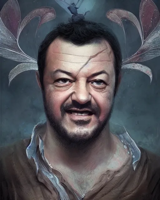 Prompt: matteo salvini as a fairy, hyper realistic face, beautiful eyes, fantasy art, in the style of greg rutkowski, intricate, hyper detailed, smooth