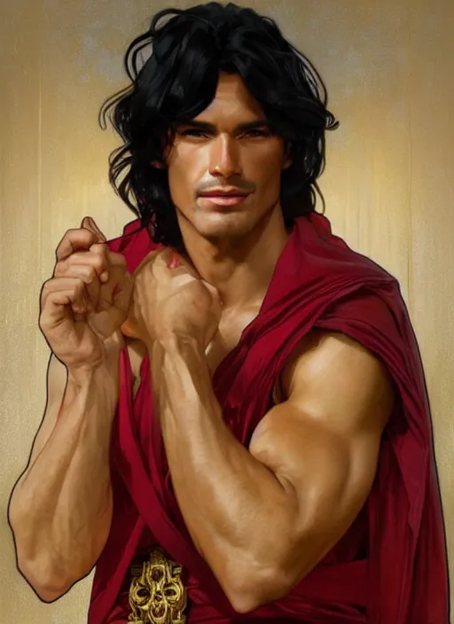 Image similar to a tall muscular man with chiseled features, black hair, and tanned skin. he wears royal robes of red and gold and his expression is a witty smirk. portrait painting by artgerm and greg rutkowski and alphonse mucha