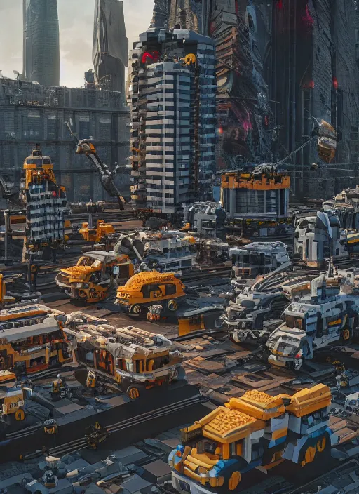 Image similar to A dystopian future in a city made of life-size Lego blocks, evil, demonic, angelic, environment concept, Rendered in Octane, trending on artstation, cgsociety, moody lighting rendered by octane engine, environment 8K artstation, cinematic lighting, intricate details, 4k detail post processing, hyperealistic, octane render, photo realism