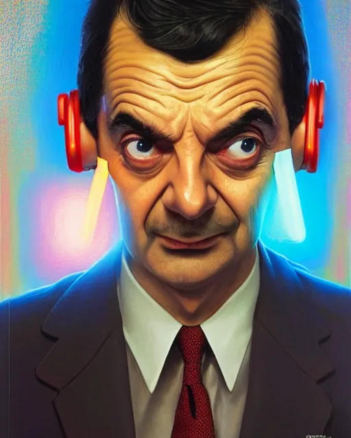 Image similar to mr bean as future coder man looking on, sleek cyclops display over eyes and sleek bright headphoneset, neon accent lights, holographic colors, desaturated headshot portrait digital painting by dean cornwall, rhads, john berkey, tom whalen, alex grey, alphonse mucha, donoto giancola, astronaut cyberpunk electric