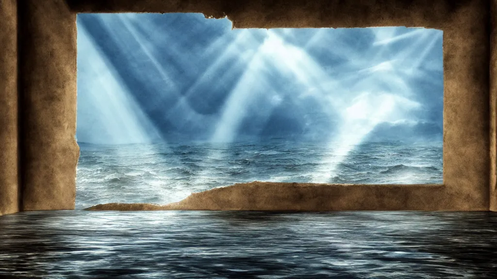 Prompt: turbulent topaz sea, flooding through broken windows into a spacious, abandoned temple, by dorothea tanning, dramatic, full - hd, crepuscular rays, moody, photo realistic, - c 1 1