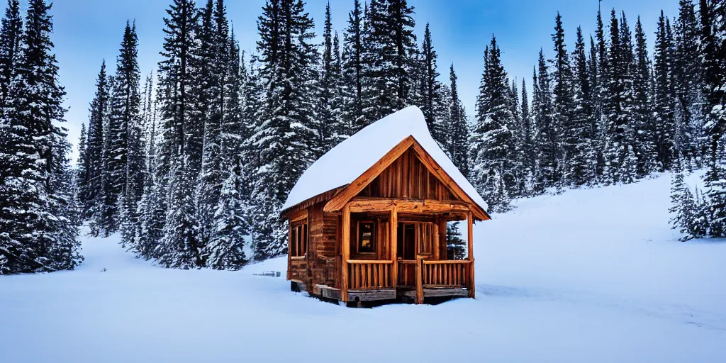 Prompt: small wooden house covered with snow near the emerald lake in canada in winter