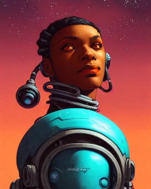 Prompt: sojourn from overwatch, african canadian, gray dread locks, teal silver red, character portrait, portrait, close up, concept art, intricate details, highly detailed, vintage sci - fi poster, retro future, vintage sci - fi art, in the style of chris foss, rodger dean, moebius, michael whelan, and gustave dore