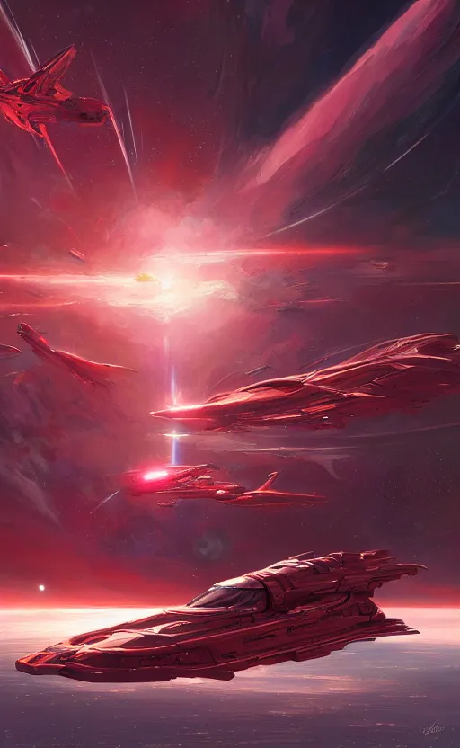 Image similar to a beautiful artwork illustration, a red metallic spaceship flying interstellar hyperdrive, by greg rutkowski and jesper ejsing and raymond swanland, featured on artstation, wide angle, vertical orientation