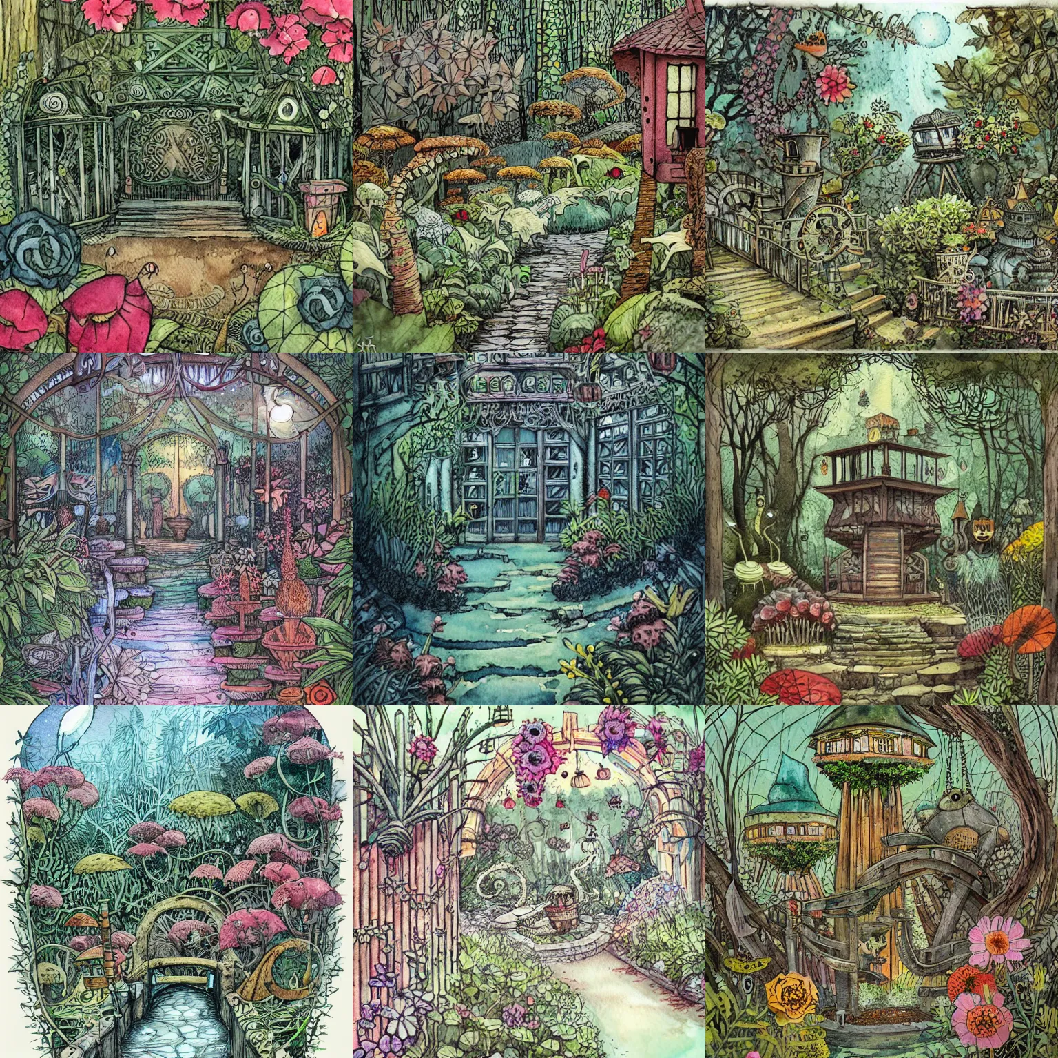Prompt: automata garden, intricate watercolor illustration by tim doyle