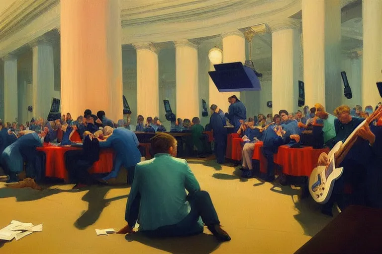 Prompt: bears screaming on the floor of the NYSE as the markets rally to all-time-highs, painting by Edward Hopper, 3D rendering by Beeple, lead guitar by Betty White