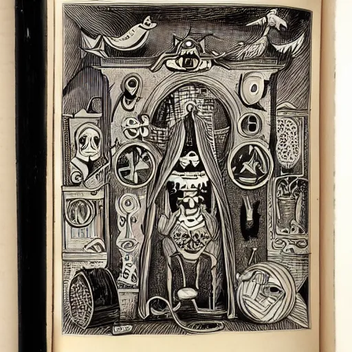 Image similar to A book of dark magic, detailed illustrations