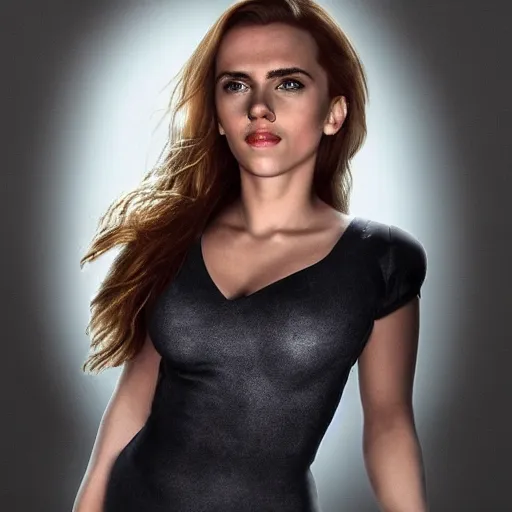 Image similar to a woman who is a genetic combination of scarlett johansson and emma watson face and upper - body focus