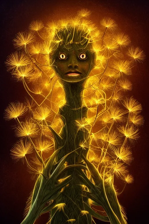 Prompt: a humanoid figure dandelion plant monster, amber eyes, highly detailed, digital art, sharp focus, ambient lighting, glowing, full body, trending on art station, anime art style